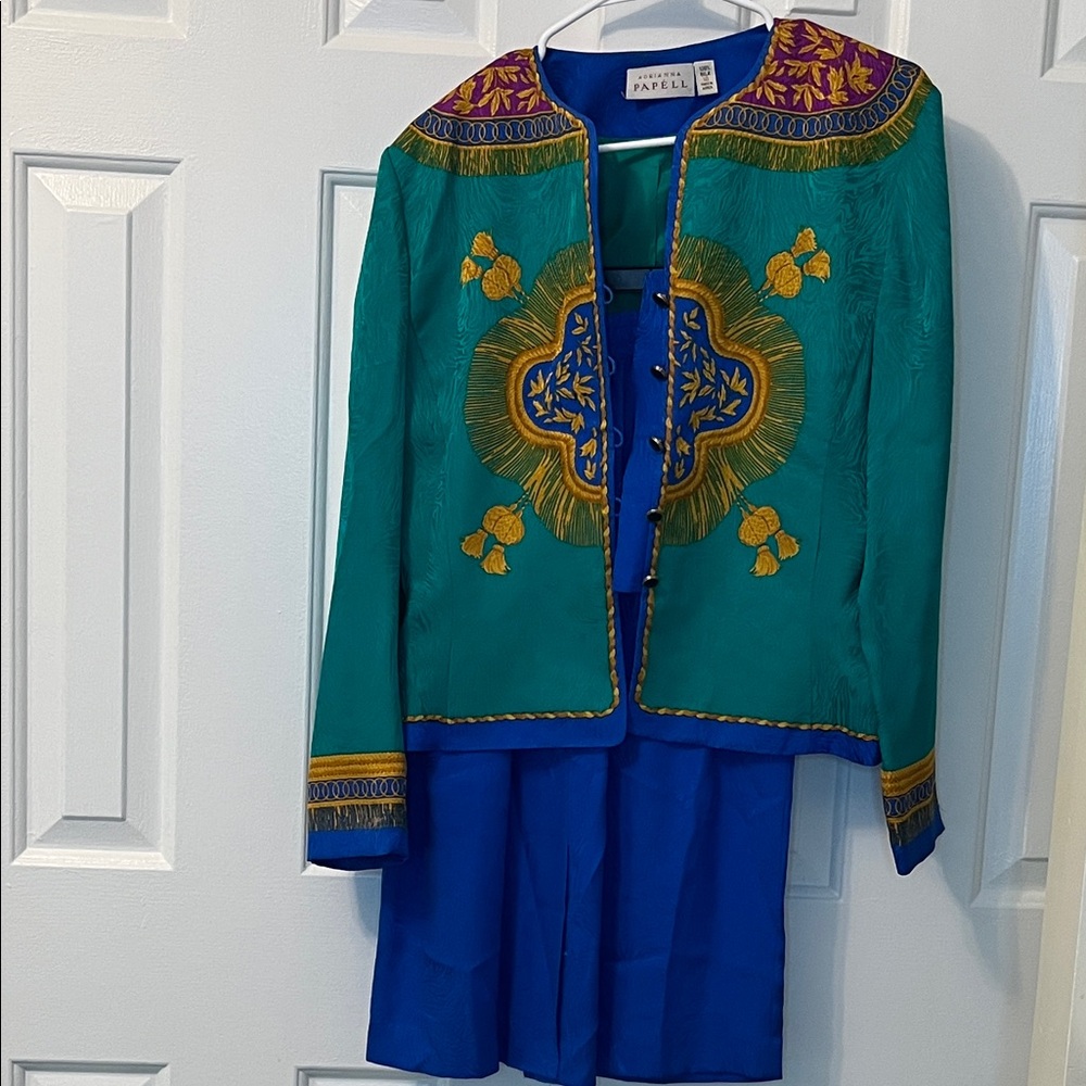 Adrianna Papell Vintage Silk Printed Buttoned Blouse and‎ Skirt Set Size 10